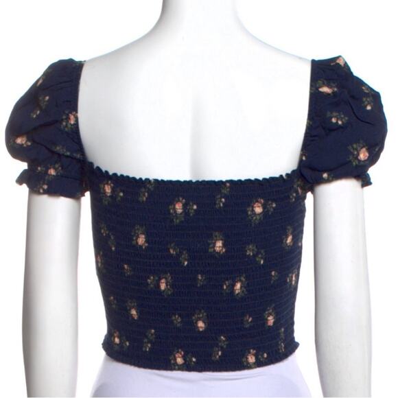 Reformation Floral Crop Top Square Neck Smocked Bodice Size 8 In Navy Blue NWT - Picture 3 of 9
